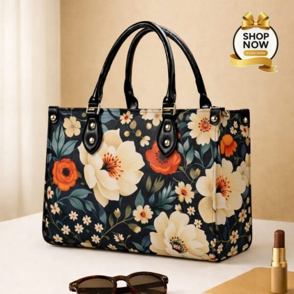Premium Floral Print Tote Bag for Women – Elegant Handcrafted Shoulder Handbag with Top Handles Black
