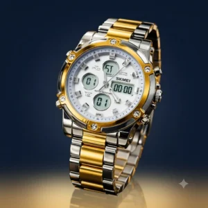 Buy SKMEI 1389 Men's Digital Analog Watch in Pakistan. Two-tone gold & silver stainless steel, chronograph, waterproof, dual time, best price with fast delivery.